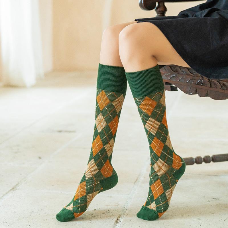 Colorful Spring Pattern ins fashion Diamond plaid Knee socks women Party Queen knee-high stockings Over Knee long ladies girls