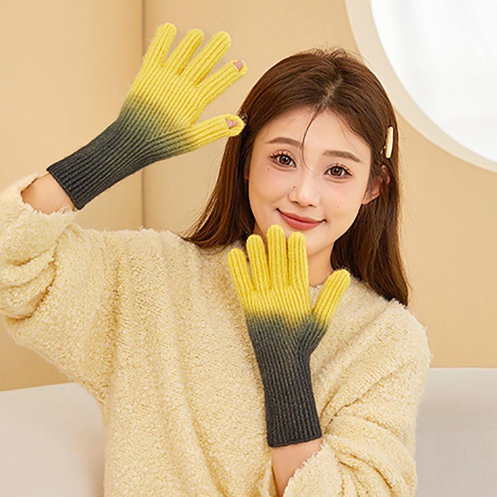 Fashion Alpaca Wool Winter Knitted Gloves Gradient Color Cold-Proof Touch Screen Mitten Breathable Windproof Women Gloves Skiing
