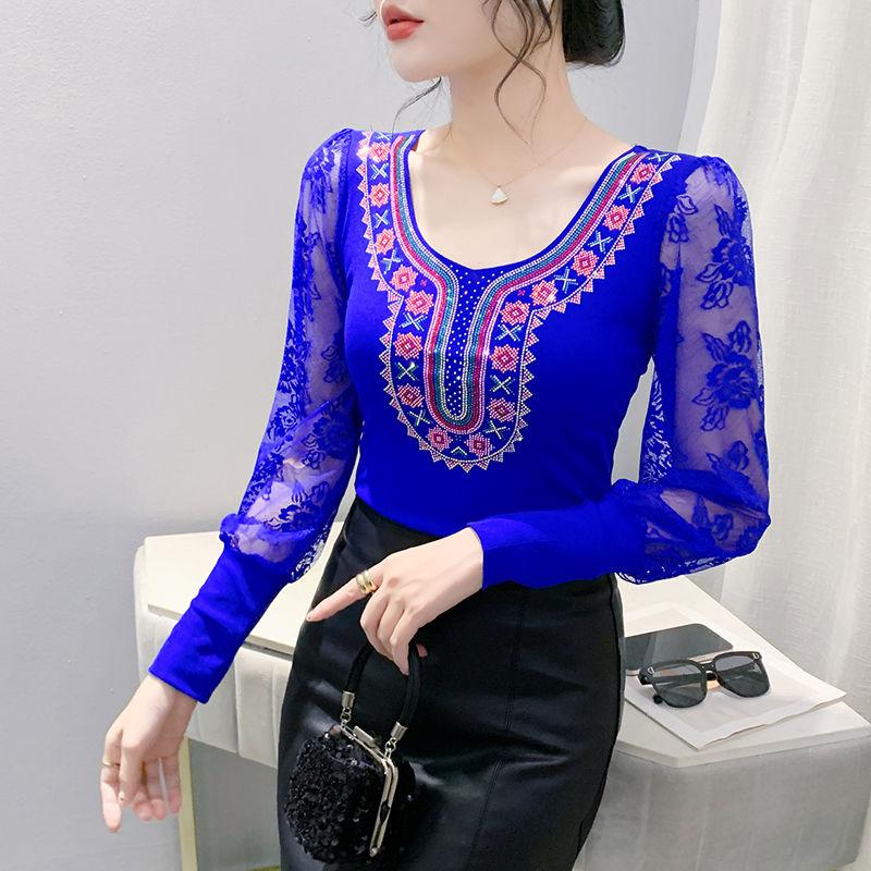 Spring Autumn European Clothes Women's T-Shirt Sexy Lace Long Sleeve Mesh Tops Chic Vintage Luxury Hot Diamonds Tees Shirts