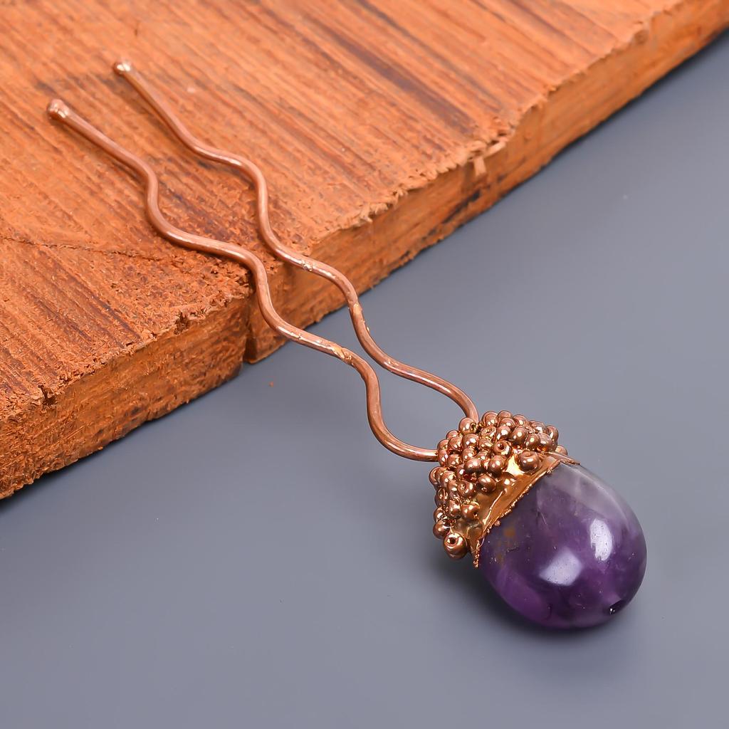 Natural Purple Amethyst Handmade Copper Bun Stick 3.7 Inch / Electroplated Copper Gold Filled Hair Pin Black Friday Gift For Mother Wife