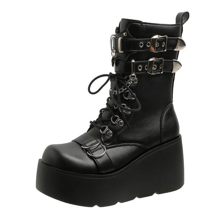 Botas Femininas de Cano Médio Moda Rebite Fivela Estilo Punk Bota Gótica Solado Grosso Botas de Marca Bota de Couro Cosplay Mulheres Bota Plataforma