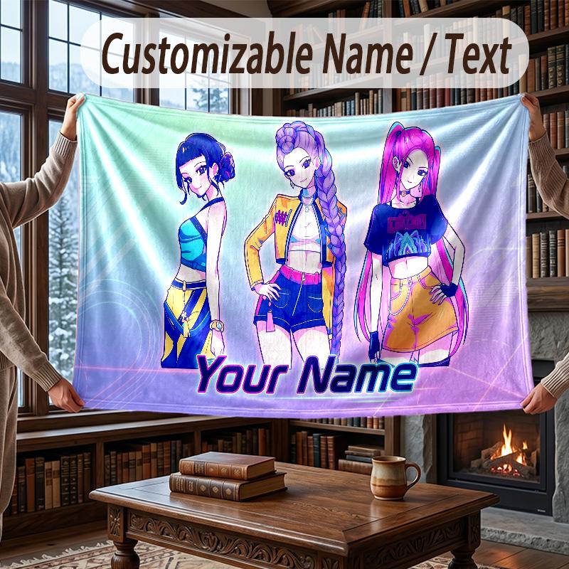Custom Name Flannel Throw Blanket Kpop Demon Hunters Pattern Warm Home Decoration