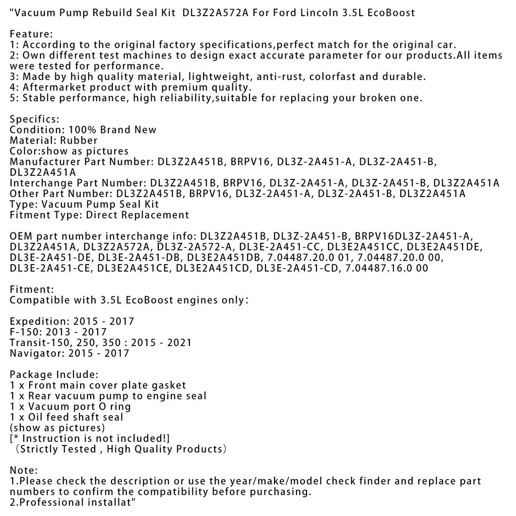 Vakuumpumpe Überhol Dichtungssatz DL3Z2A572A Für Ford Lincoln 3.5L EcoBoost