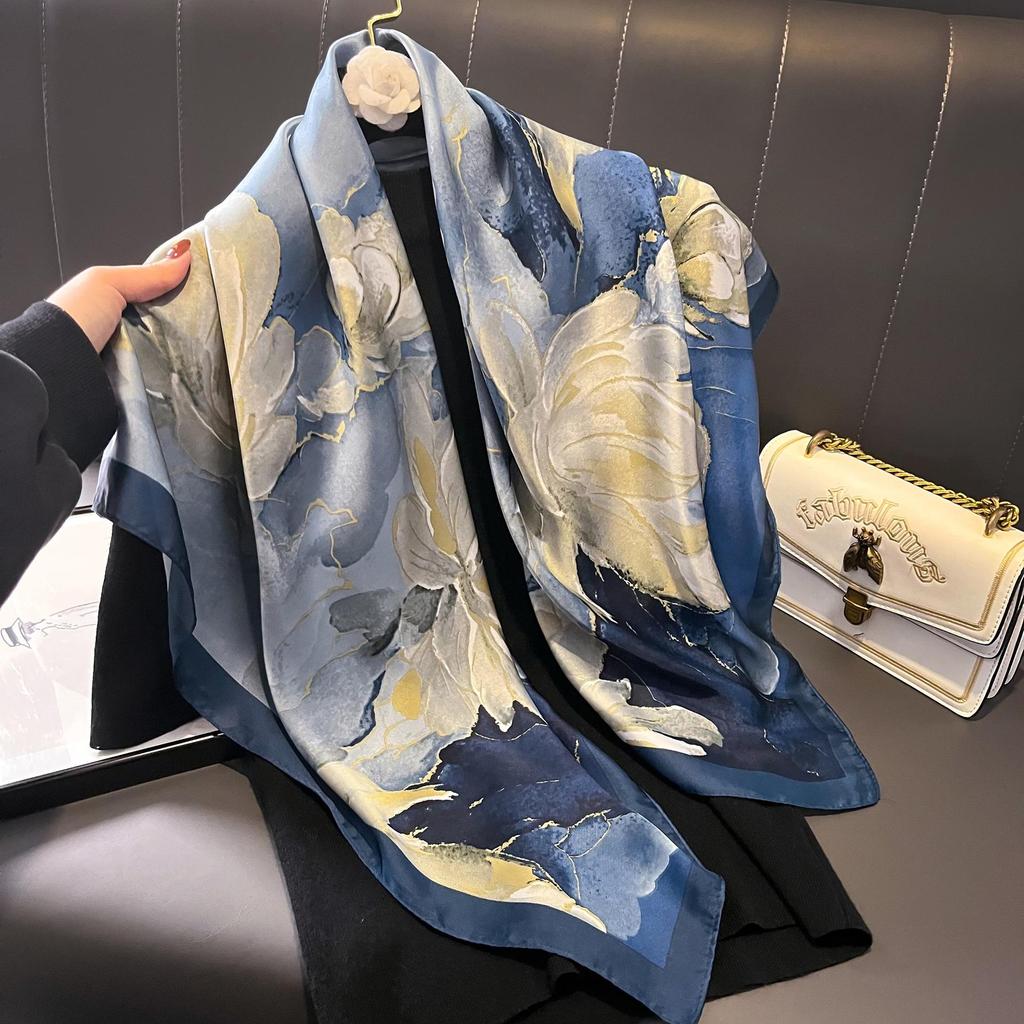 Women's Retro Fashion Mulberry Silk Feel Square Scarf - Summer Faux Satin, Sun Protection, 90cm