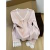 Pink Vneck Lace Patch Wool Knit Sweater For Women Fall Winter Casual Comfort