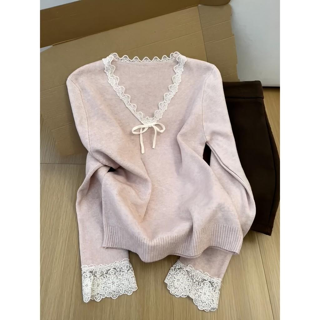 Pink Vneck Lace Patch Wool Knit Sweater For Women Fall Winter Casual Comfort