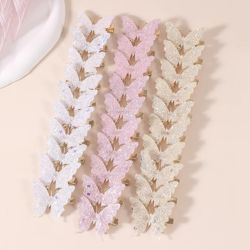 10Pcs Set Pink Sparkling Butterfly Hair Clip Children's Sparkling Hair Clip Girl Cute Styling Headwear Set Butterfly Hair Clip