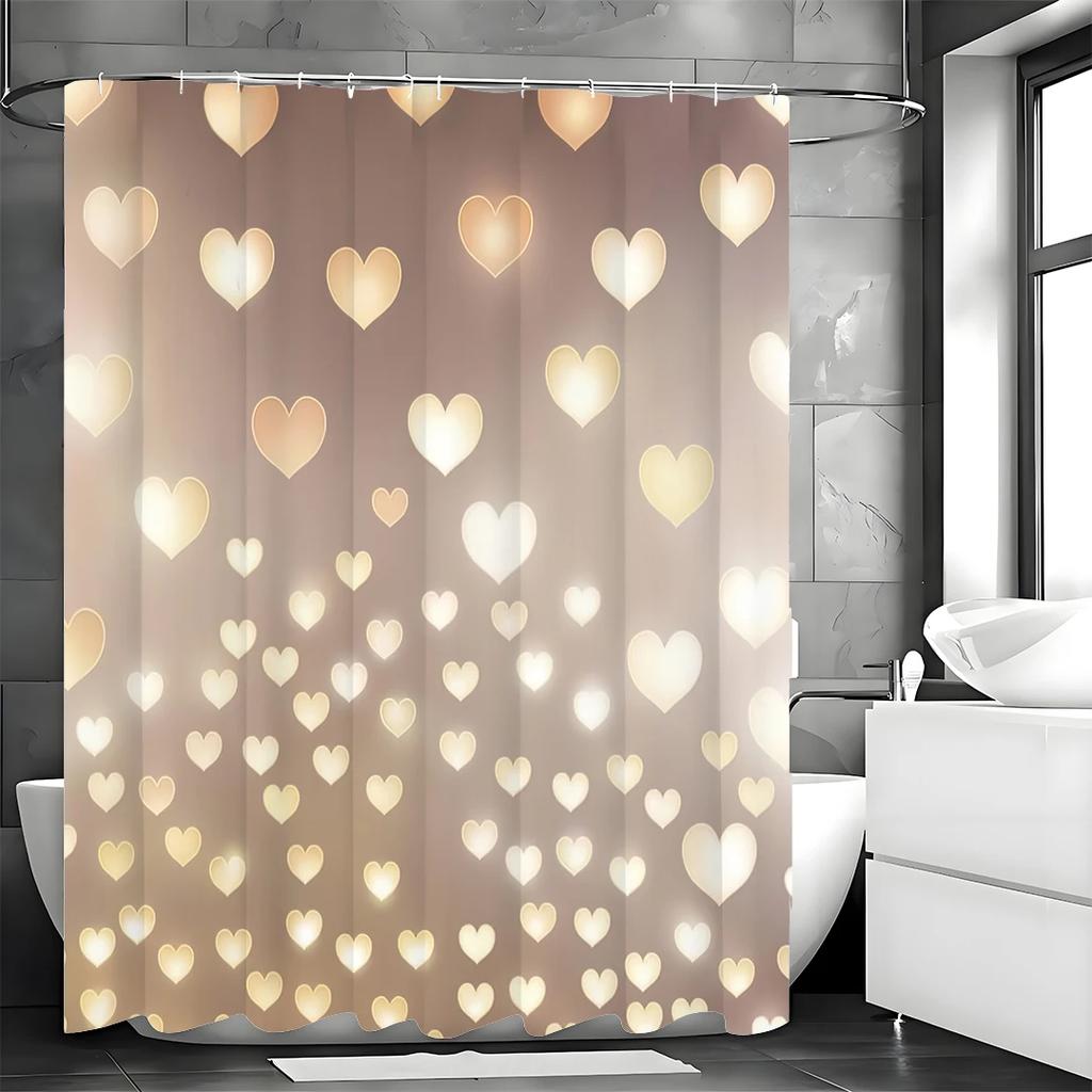 Valentine's Day Golden Heart Shower Curtain, Bathroom Decorative Shower Curtain, Waterproof Shower Curtain with Hooks