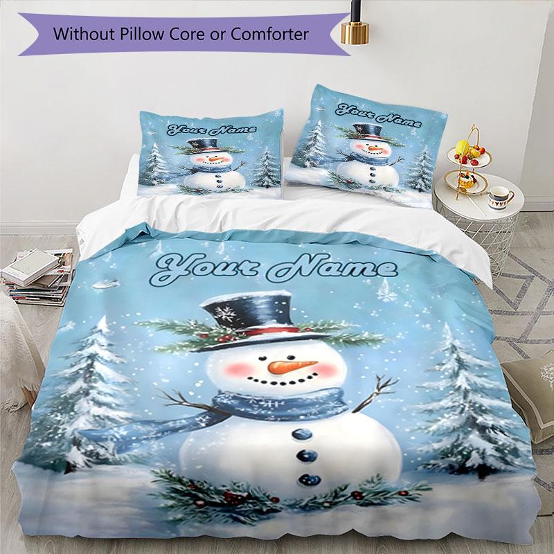 3PC Custom Name Winter Snowman Scene Bedding Set Duvet Cover Closure Includes 1 Duvet Cover & 2 Pillowcases for Bedroom