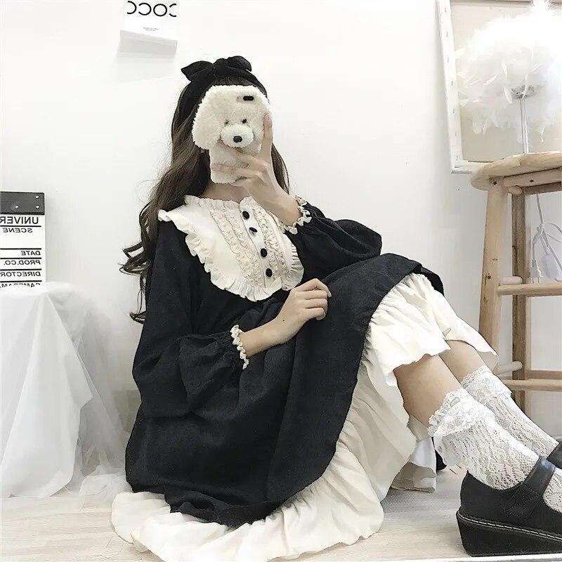 Japanische Lolita-Stil Damenkleider Frühling Herbst Hohe Taille Abnehmen Rüschen Süßes Kleid Kawaii Kleidung