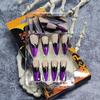 Halloween Press On Nails Medium Almond Fake Nails with Designs Bat Purple French Tip Glossy Glue On Nail 24 Pcs Natural Reusable Acrylic Nail for