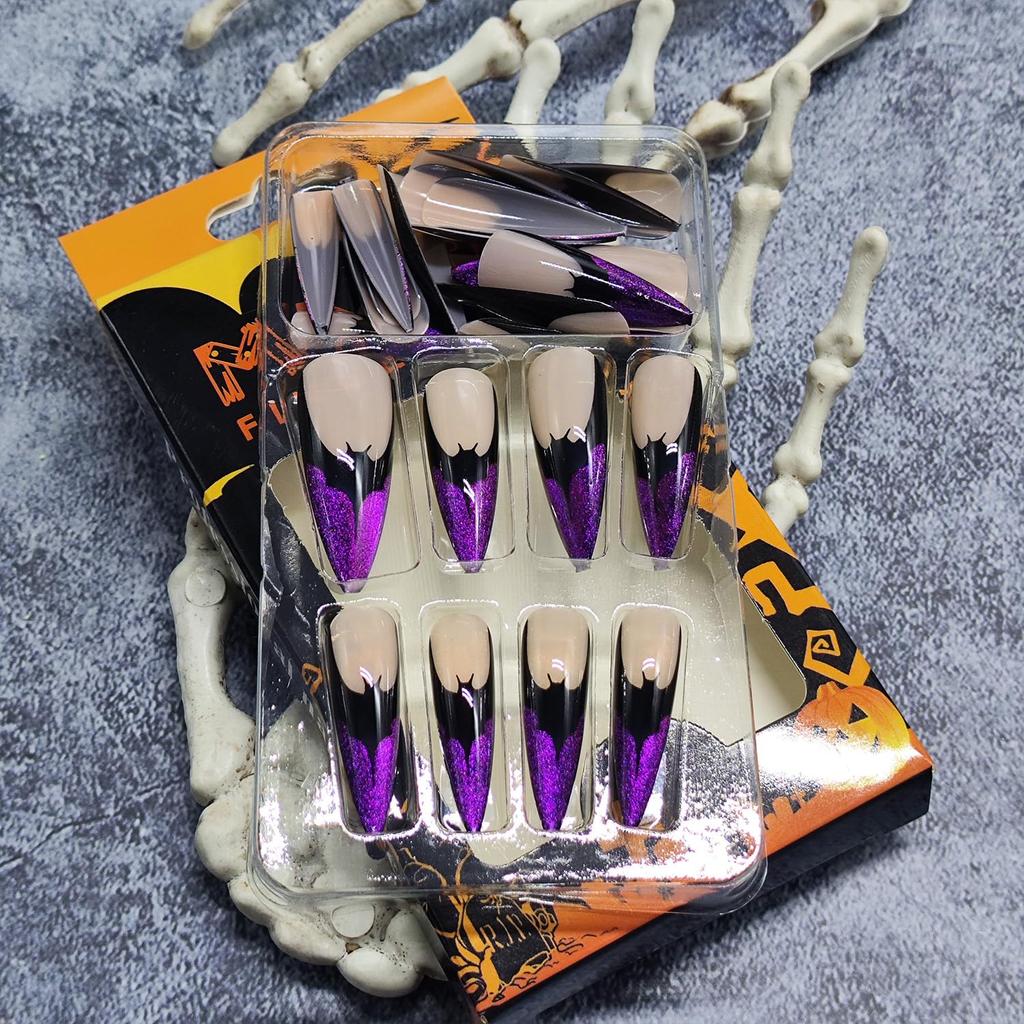 Halloween Press On Nails Medium Almond Fake Nails with Designs Bat Purple French Tip Glossy Glue On Nail 24 Pcs Natural Reusable Acrylic Nail for