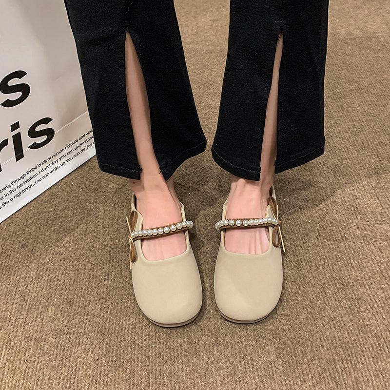 Fashion Pearl Beaded Bowtie Mules Shoes Woman Closed Round Toe Slippers Barefoot Slip On Boat Flippers Ladies Casual Slides Flat Sandals
