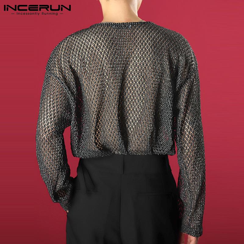 INCERUN Sommer Transparent Sexy Shirts Herrenmode Tragen Oansatz Mesh Tops Lange Ärmeln Party Schlank Aushöhlen Shirts S-5XL