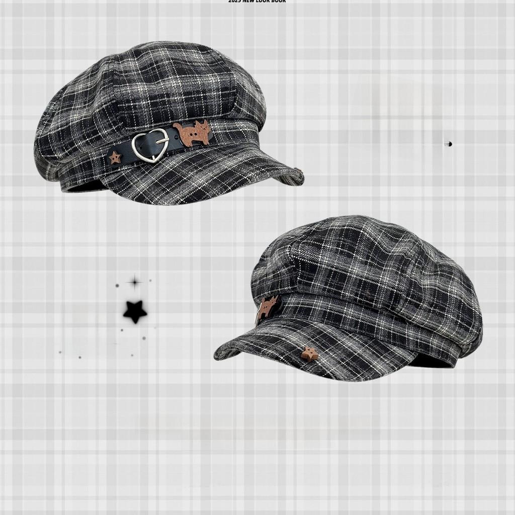 Vintage Καρό Γάτα Καρδιά Πόρπη Ζώνης Καπέλο Newsboy Για Φθινόπωρο Χειμώνα Μόδα
