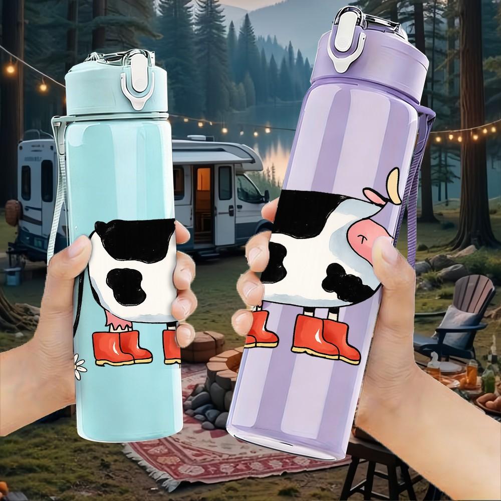1PC Cute Farm Cow Cartoon 750ml Color Plastic Sports Water Bottle Leakproof Flip Straw Lid Suitable for Sports Office Home Use