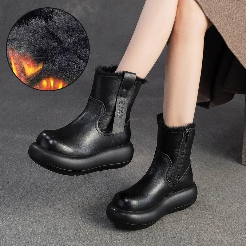 Johnature Retro Warm Side Zipper Thick Soled Women's Short Boots Genuine Leather Wool Snow Boots