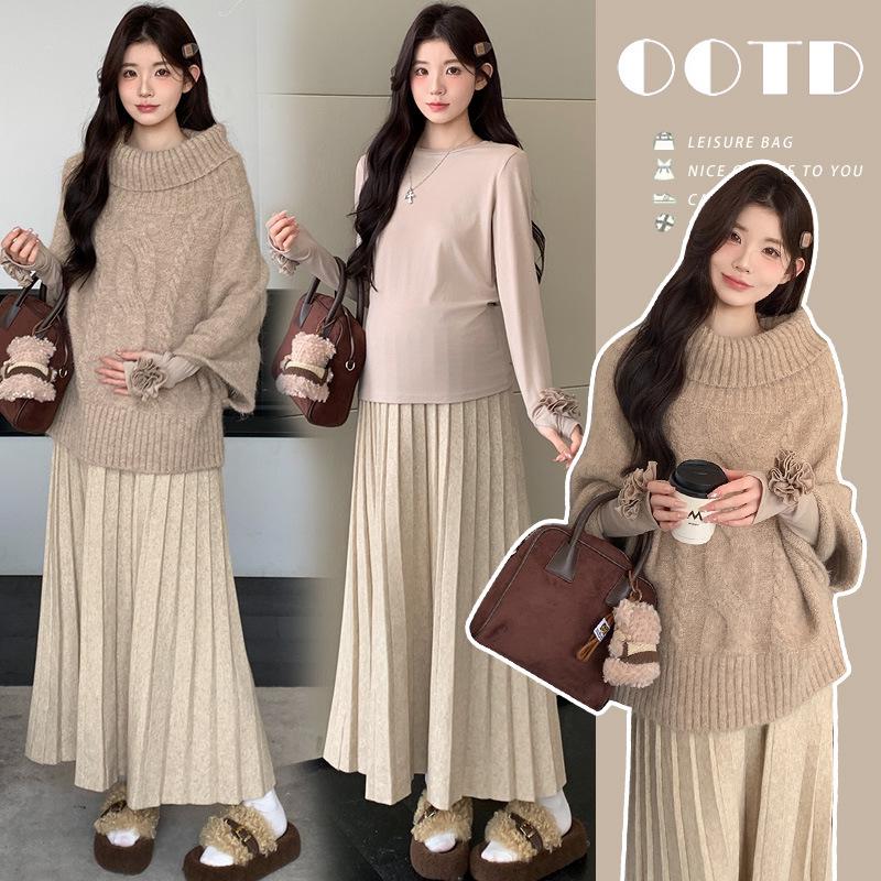 

Maternity Knit Set: Thick High-Neck Dress, Floral Base Layer, Midi Skirt - Autumn/Winter Collection X-Large (XL)