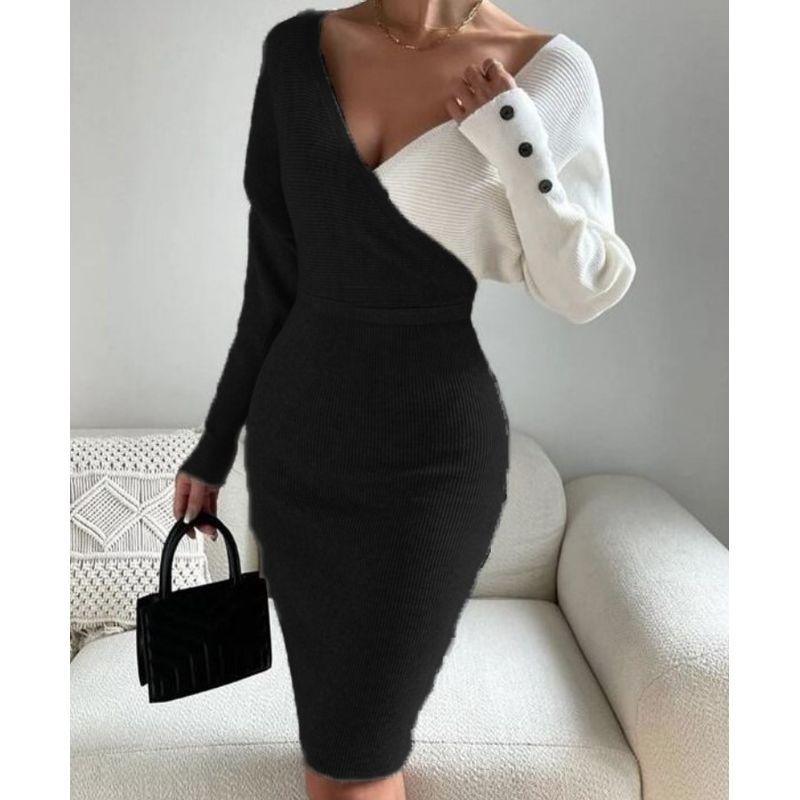 Women's Deep V Ruffle Hip Long Sleeves Dress Sequin