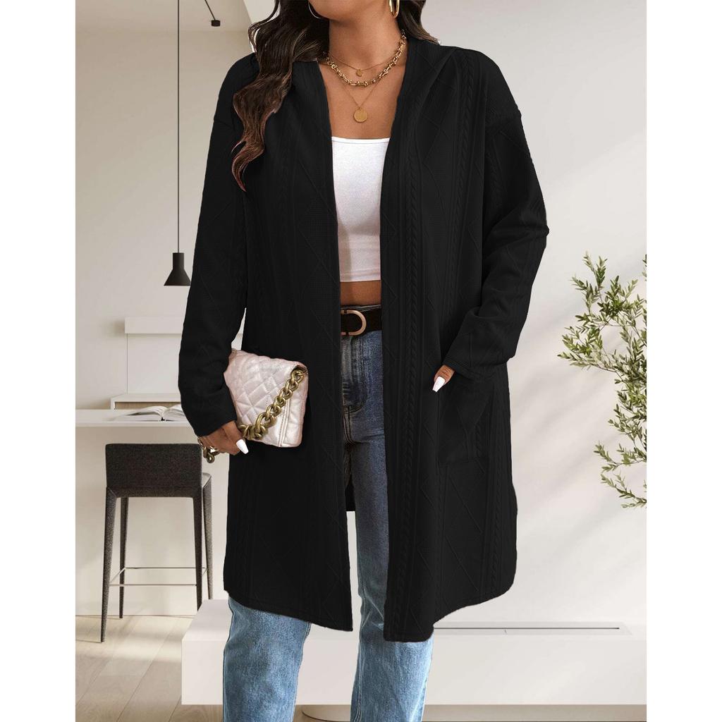 Dames Strandet Mønstret Hette Midilengde Trenchcoat Jakke Cardigan