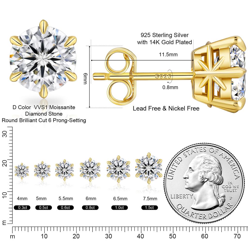3 Sharp Claw Pass Diamond Tester Moissanite Stud Earrings 14K White Gold 925 Silver VVS 4-7.5mm Moissanite Stud Women Earrings