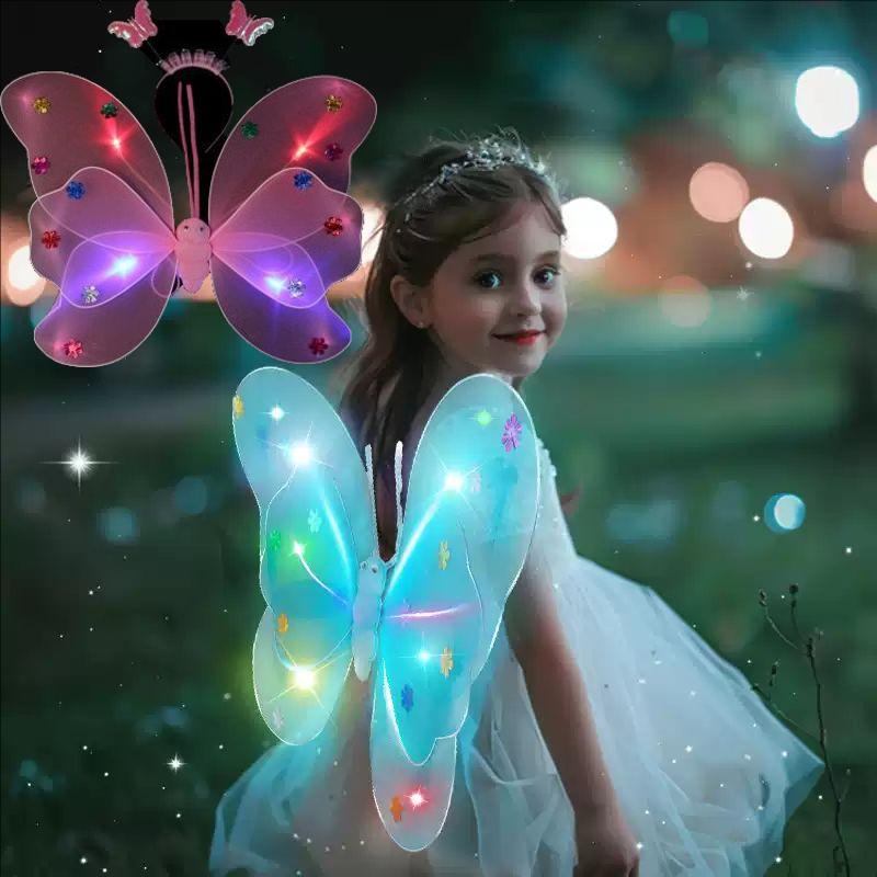Led Butterfly Wings Light Up Angel Wings Kids Hair Bows Girl Headband Costume Girls Dress Props Party Angel Luminous Fairy Wings
