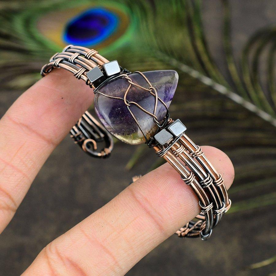 Fluorit Handgefertigter Kupferdraht Wickel Armreif Verstellbar O6A40