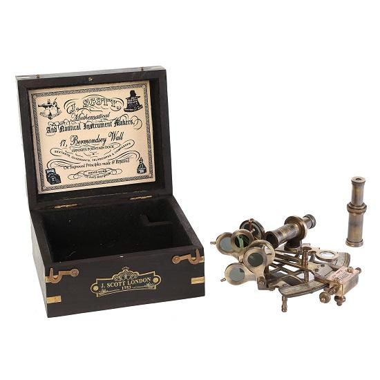 J. Scott London Brass Ship History Sextant with Hardwood Box. Solid Brass Nautical Functional Maritime Sextant Decor Gifts