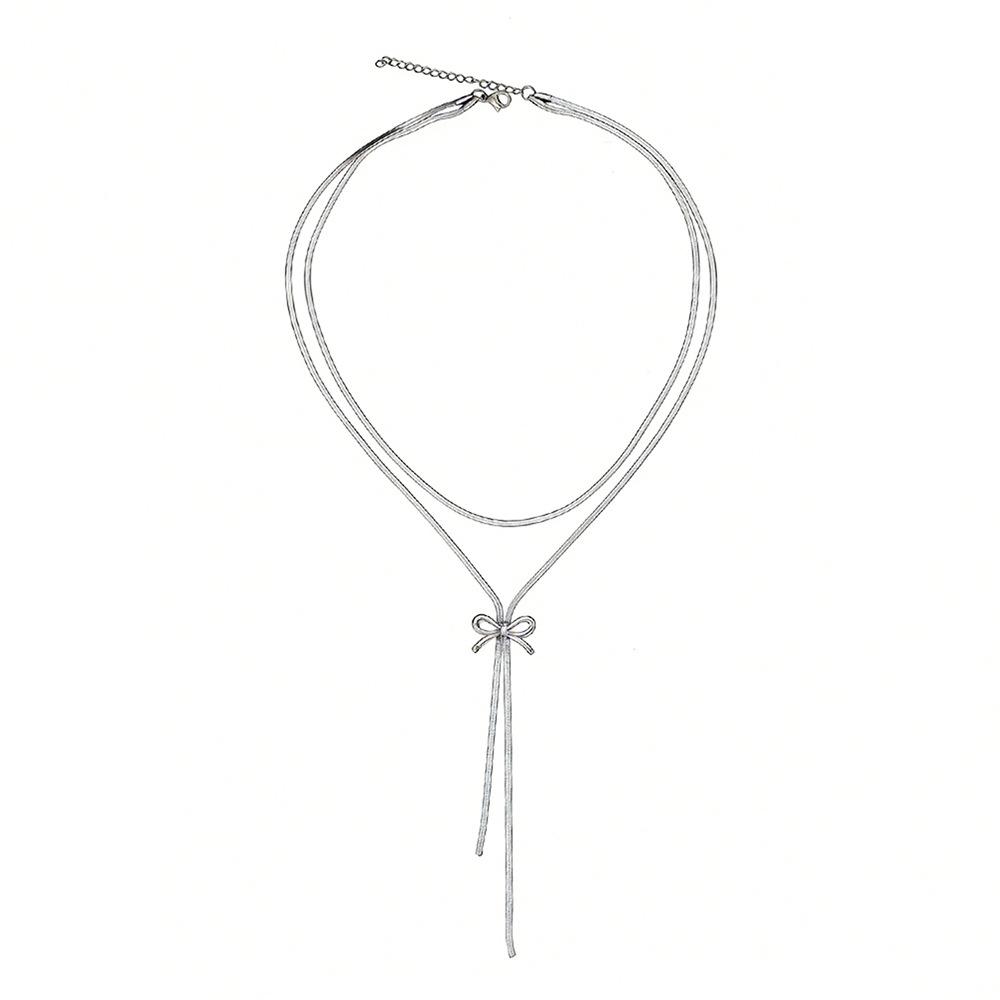 French Style Retro Minimalist Bow Necklaces for Women Ladies Stainless Steel Snake Bone Chains Long Pendant Necklaces Jewelry