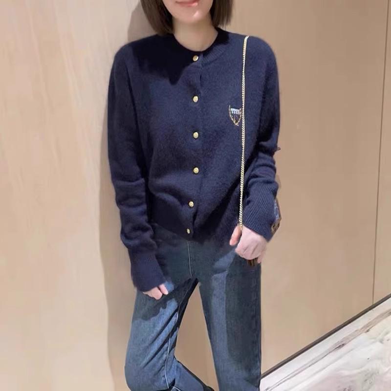 Women's 100% Wool Embroidered Badge Cardigan - New for Early Spring 2025, Soft Round Neck, Thin Knit Sweater.