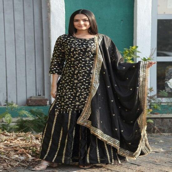 Black & Gold Embroidered Sharara Suit Set