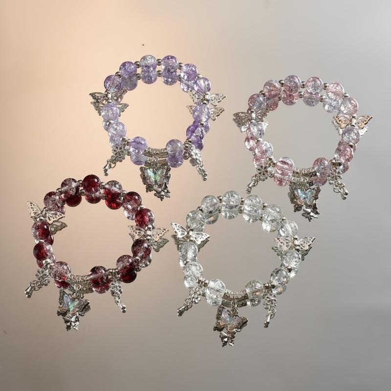 Sweet Chinese Style Butterfly Beaded Bracelet For Women Temperament Colorful Glass Beads Elastic Rope Bracelets Jewelry Gifts