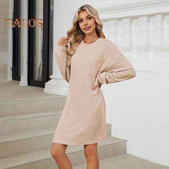 Herbst Frühling Kleid Faden Einfarbig Lose Brust Tasche Lange Ärmel O Hals Pullover Knie Länge Pendeln Dating Midi Kleid
