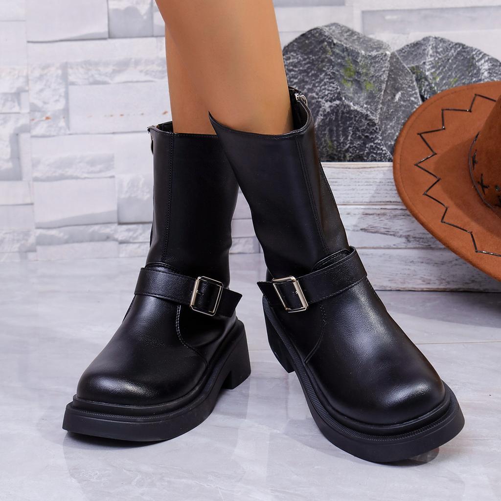 Fashion Women's Brown Platform Motorcycle Boots Buckle Strap Chunky Heels Combat Boots Woman Fashion Zipper PU Leather Ankle Botas Mujer