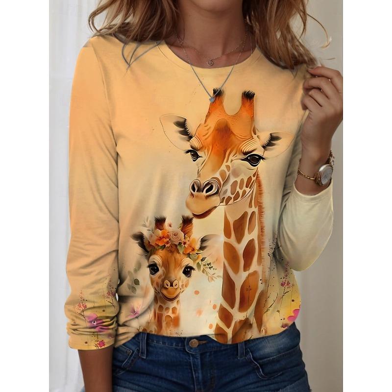 Damen T-Shirts Grafisch Tier Giraffe T-Shirts Mode Stilvoll Langarm T-Shirts Rundhals Normale Oberteile Sommer