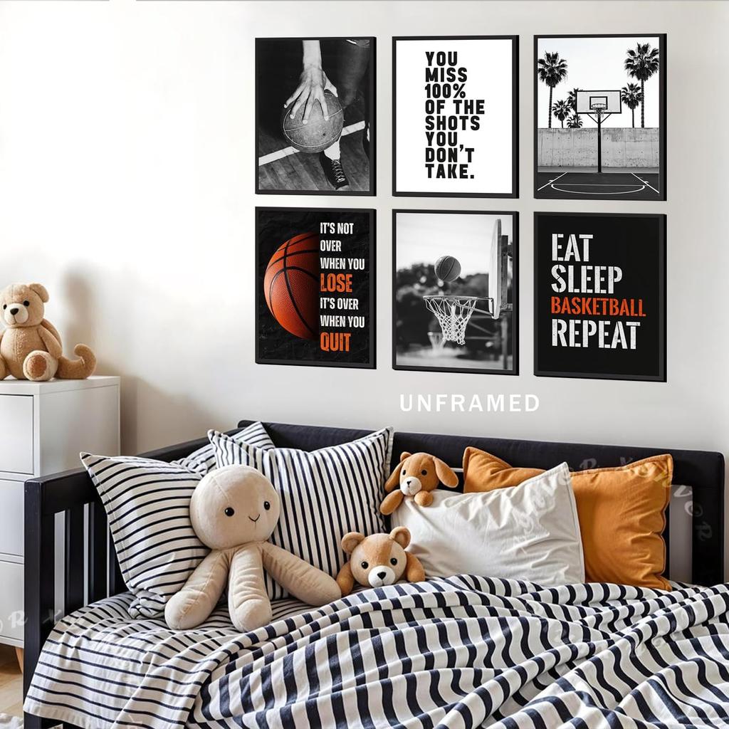 Xynvor 6Pcs Basketball pirational Canvas Wall Art Black White Basketball Posters Artwork Sport Motivational Quotes Painting Pictures Wall Decor for
