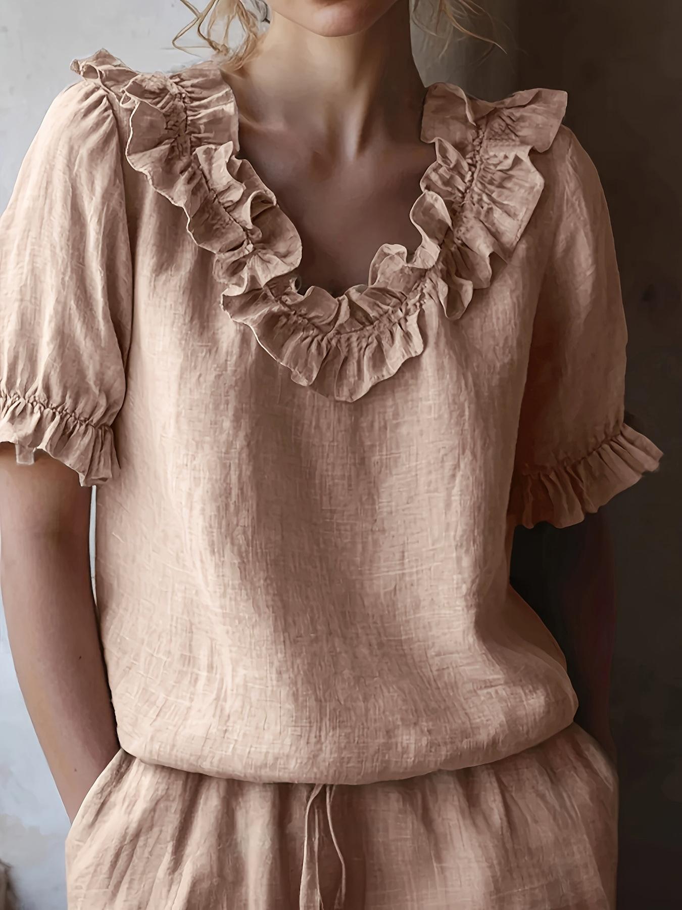 Women Ruffle V Neck Puff Sleeve Loose Breathable Solid Blouse S
