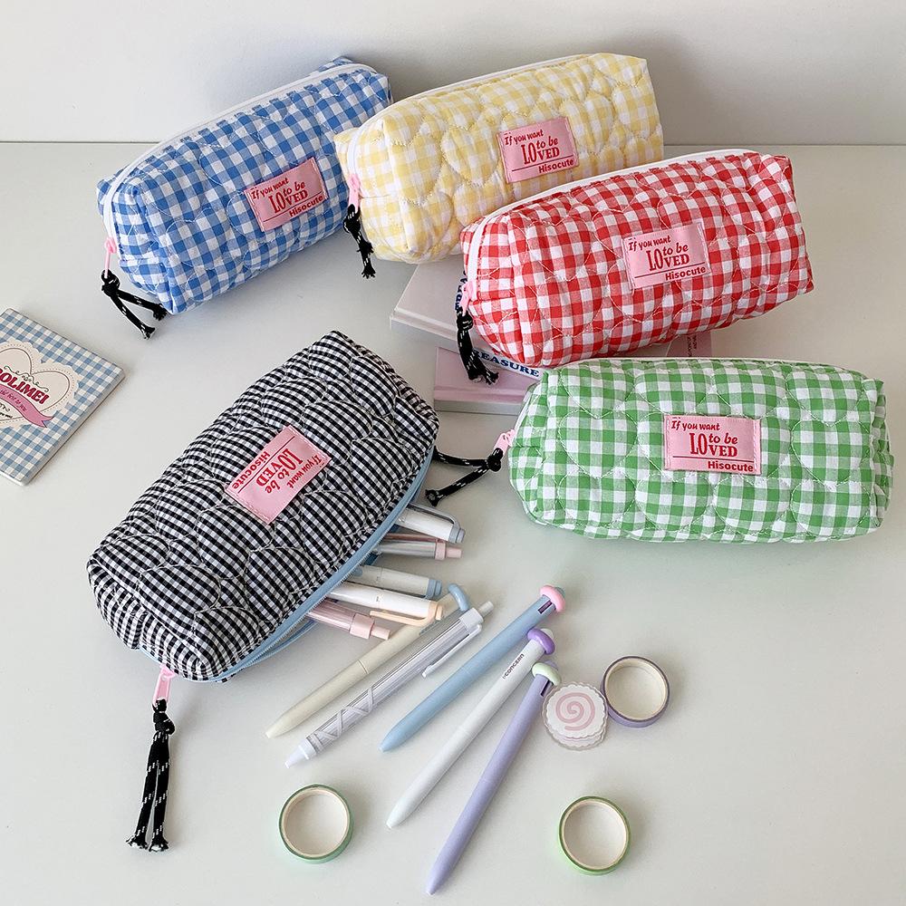 1pcs Quilted Heart Grid Pencil Pouch Korean Style Student Stationery Bag Portable Holder Storage Pouch Girls Bowknot Plaid