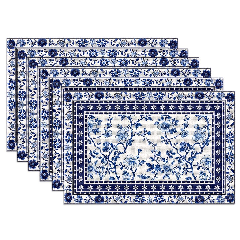 Blue White Floral Placemats Set of 6, Chinoiserie Flower Linen Place Mat Washable Stain Resistant Table Mats for Farmhouse Kitchen Dining 12x18 Inch