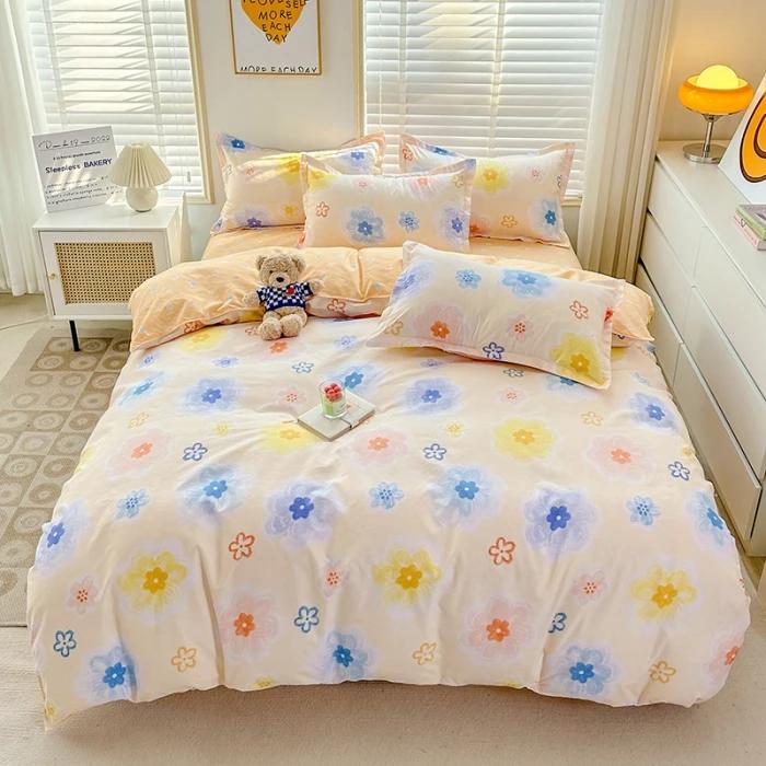 small fresh pure cotton abraded four-piece set, skin-friendly bed sheet washed cotton quilt cover, dormitory three-piece set