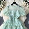 Summer Lace Hook Flower Embroidered Bubble Sleeve Dress for Womenfashion Slim Waist Dress Female A-line Cake Party Retro Dress