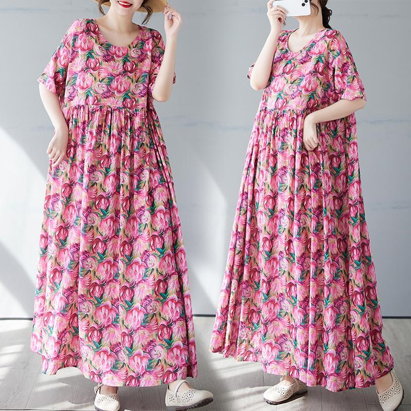 DIMANAF 2025 Sommer Übergröße Kleid Damen Vintage Floral Lässig Locker Basic Druck O-Ausschnitt Kleid Maxi