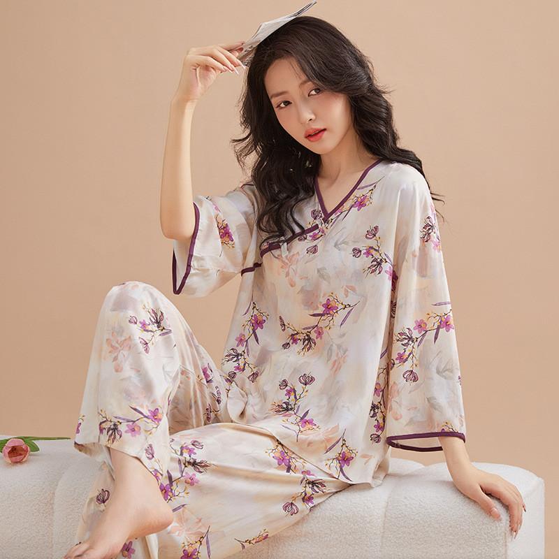 New Oriental Style Womens Pajama Twopiece With Breathable Cotton Satin For Home Use