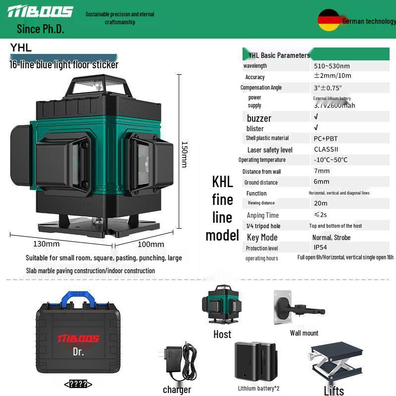 12-Line Green Laser Level with Infrared, Outdoor Strobe, Wall & Floor Mount, Automatic Leveling, Water-Resistant