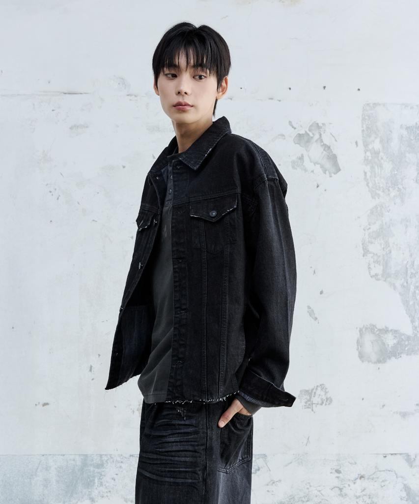Maison Mined Cut Out Denim Trucker Jacket Black