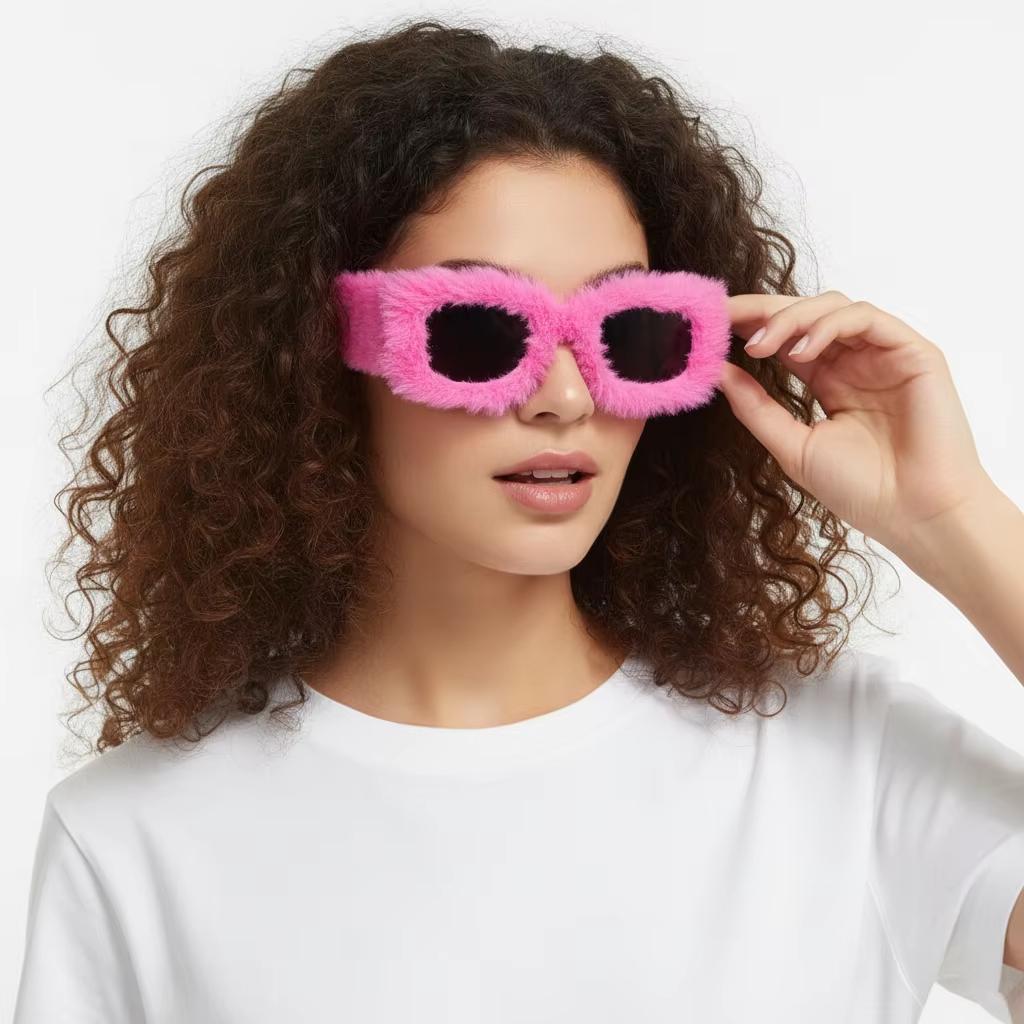 Rectangle Sunglasses Women Fashion New in Furry Frame Vintage Shades Eyewear Brand Design UV400 Winter Party Sun Glasses
