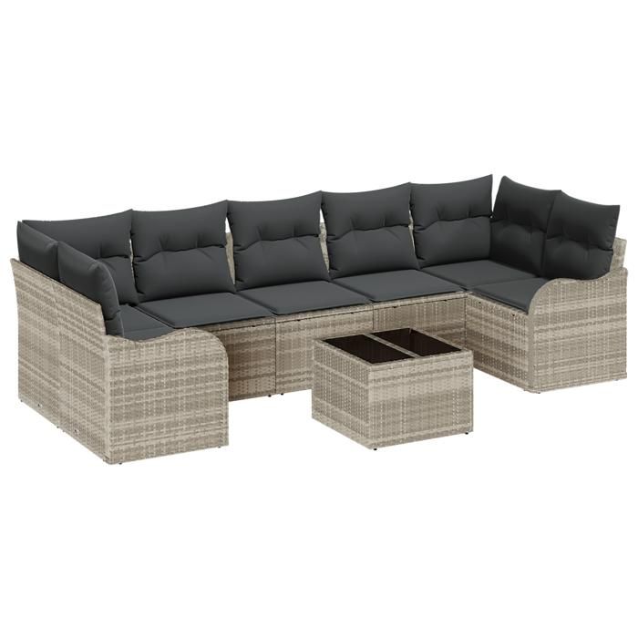 Ensemble de canapé de jardin 8 pièces avec coussins gris clair en poly rattan, Canapé de jardin 2 places avec coussins gris 3345622