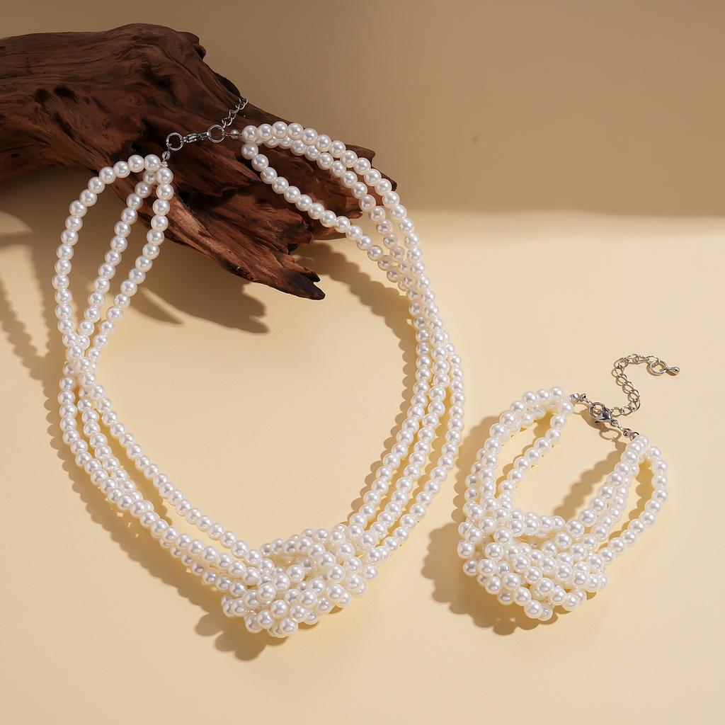 Imitation pearl beaded three-layer knotted sweater chain elegant temperament niche fashion necklace