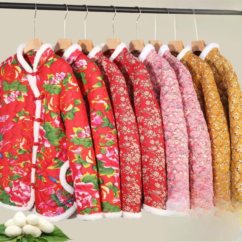 Women's Clothing Fleece-Lined and Thickened   Northeast Large Flower Padded Jacket Cotton Coat  Web Red Jacket