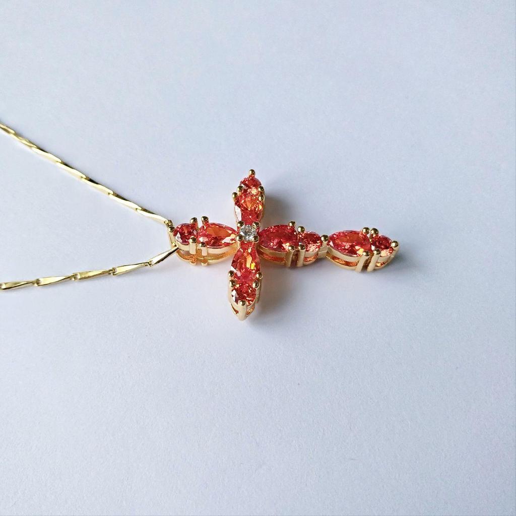 Retro Pigeon Blood Ruby Cross Pendant Clavicle Chain Necklace
